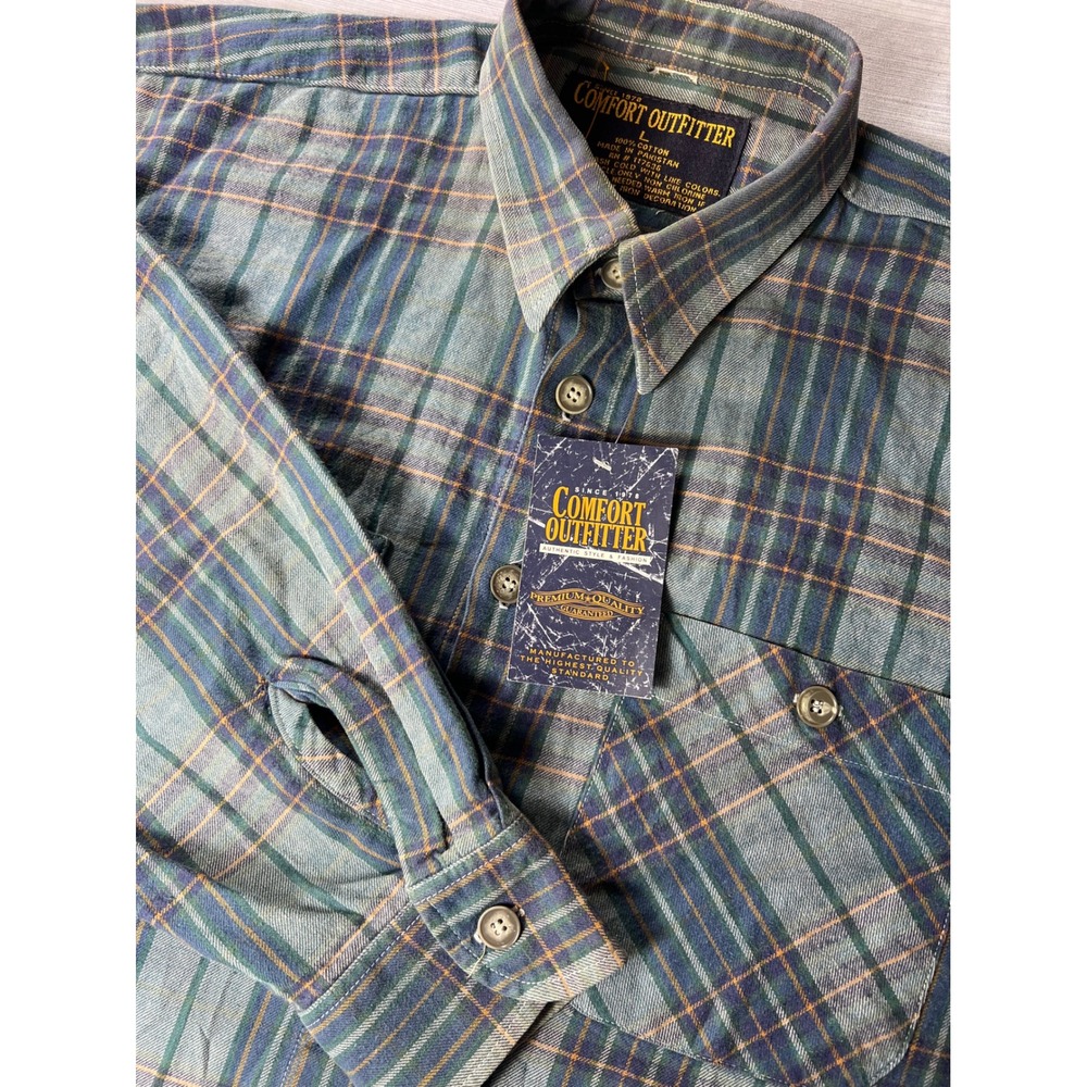 Comfort Outfitter Mens Large Blue Green Plaid Cotton Flannel Button Down Shirt